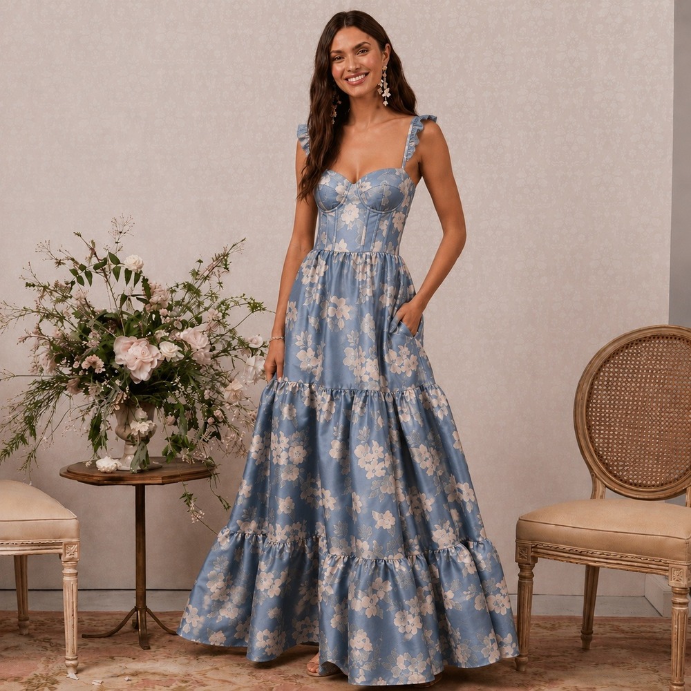 V. Chapman Blue Floral Brocade Corset Dusk Blue Baroque Maxi Dress Tiered Gown 8